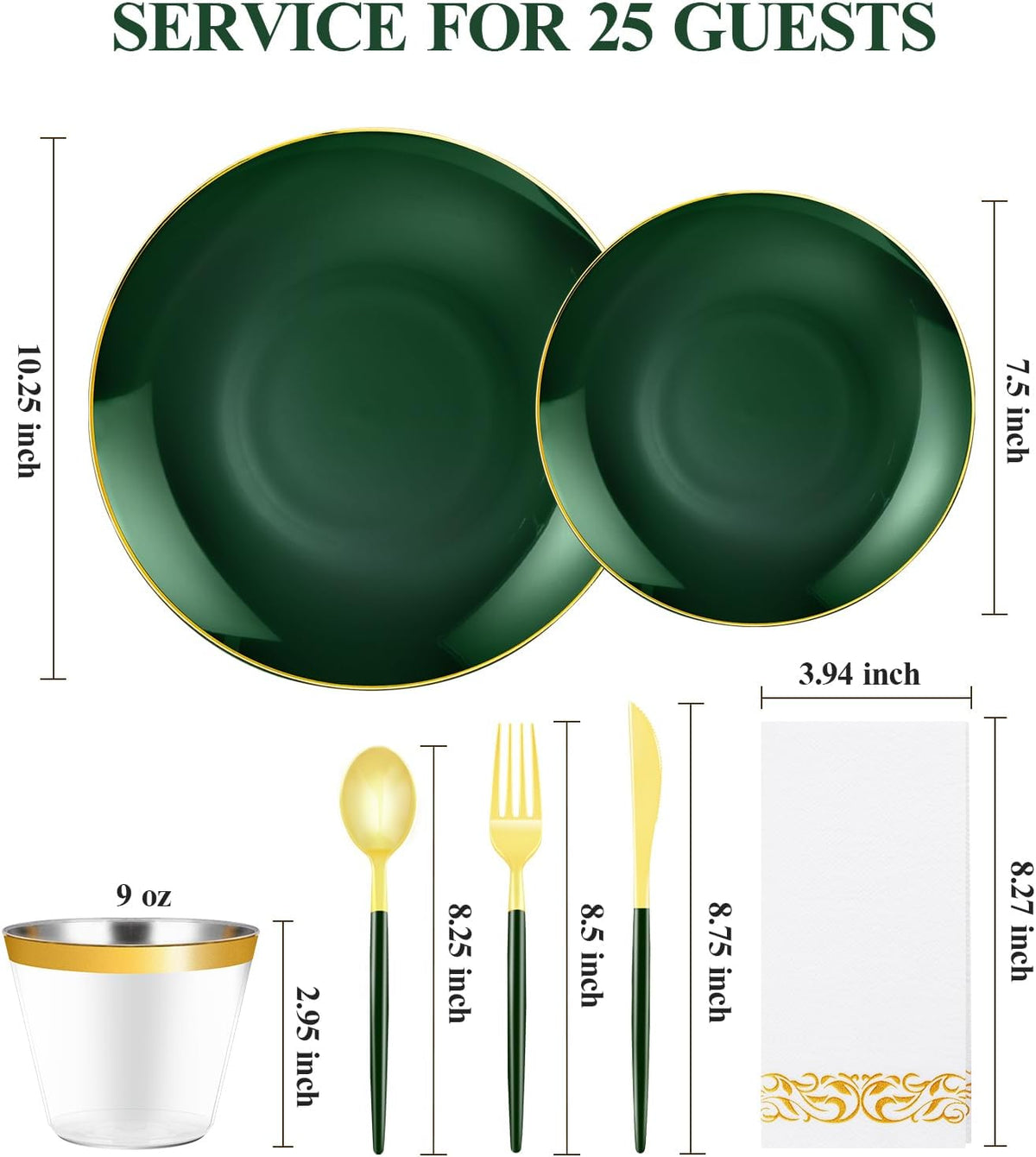 175 Pieces Green Gold Plastic Dinnerware Set, Gold Disposable Plates for Party, Include 50 Green Plates with 75 Plastic Cutlery, 25 Napkins and 25 Cups