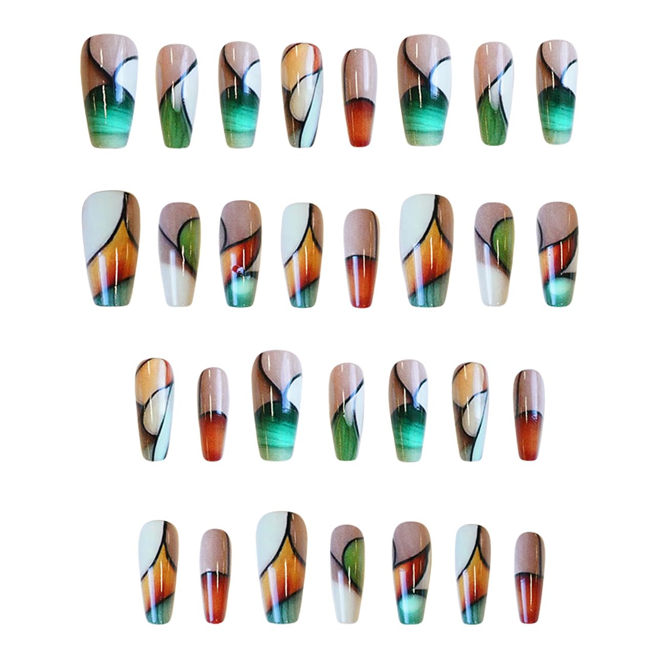 24Pcs Medium Square Fake Nails Color Collision Press on Nails with Artistic Lines Designs Spring Summer Nails Glue on Acrylic False Nail Full Cover Glossy Stick on Nail for Women Manicure Kit