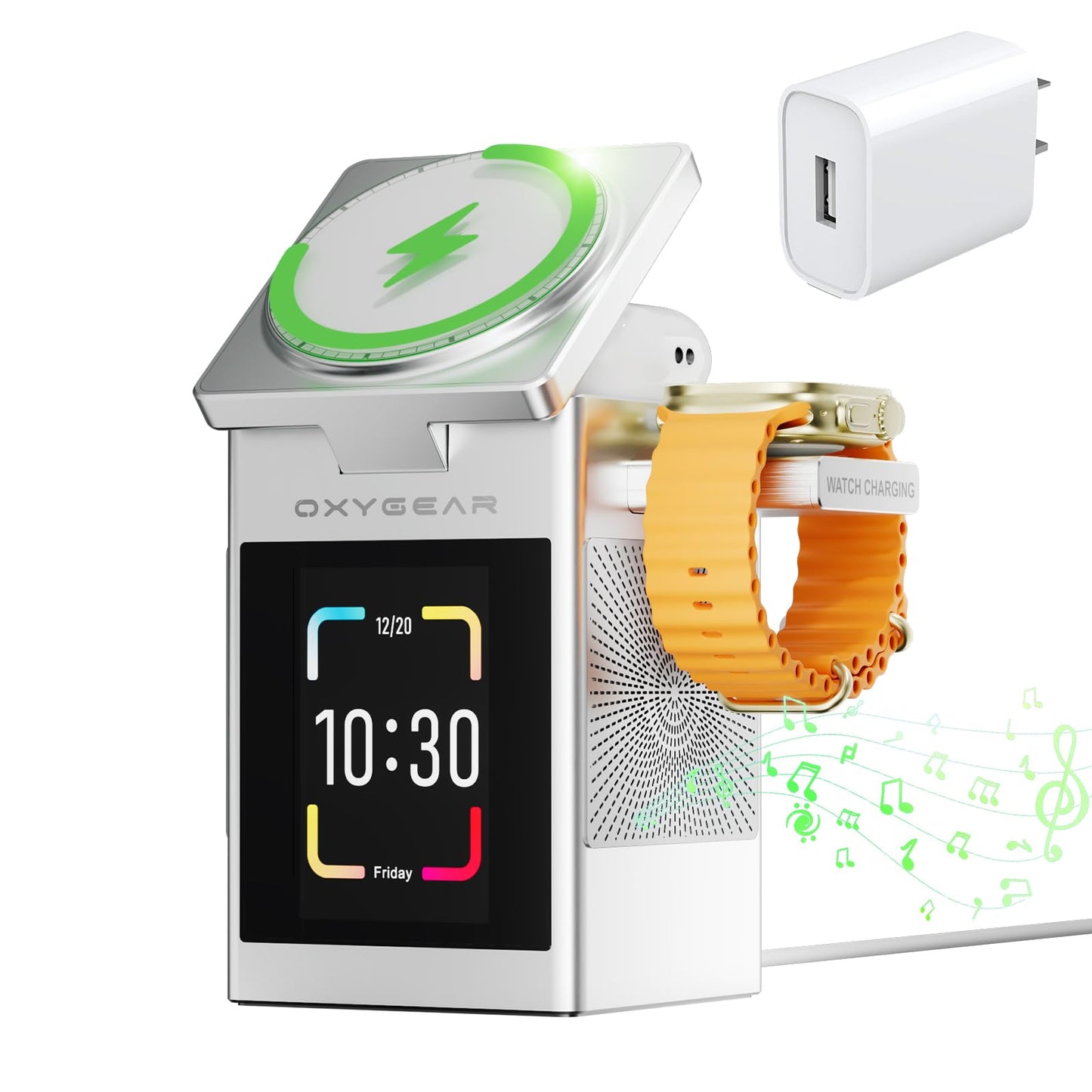 7-in-1 Multifunctional Wireless Charging Station with LCD Touch Screen, Bluetooth 5.3 Speaker, Alarm Clock, Qi2 Magnetic 15W Fast Charging Dock for iPhone, iWatch, AirPods, 20W Adapter (Silver)
