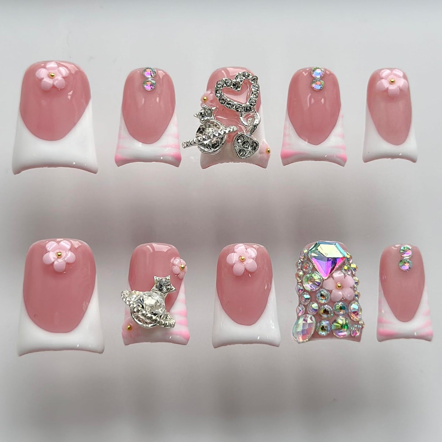 Luxury Press on Nails Short Duck Handmade 3D Unique Reusable ABS Material Fake Nails White French Tip False Nails with Designs Pink Flower Rhinestones Glossy Glue on Nail Thick Acrylic Nail(M)