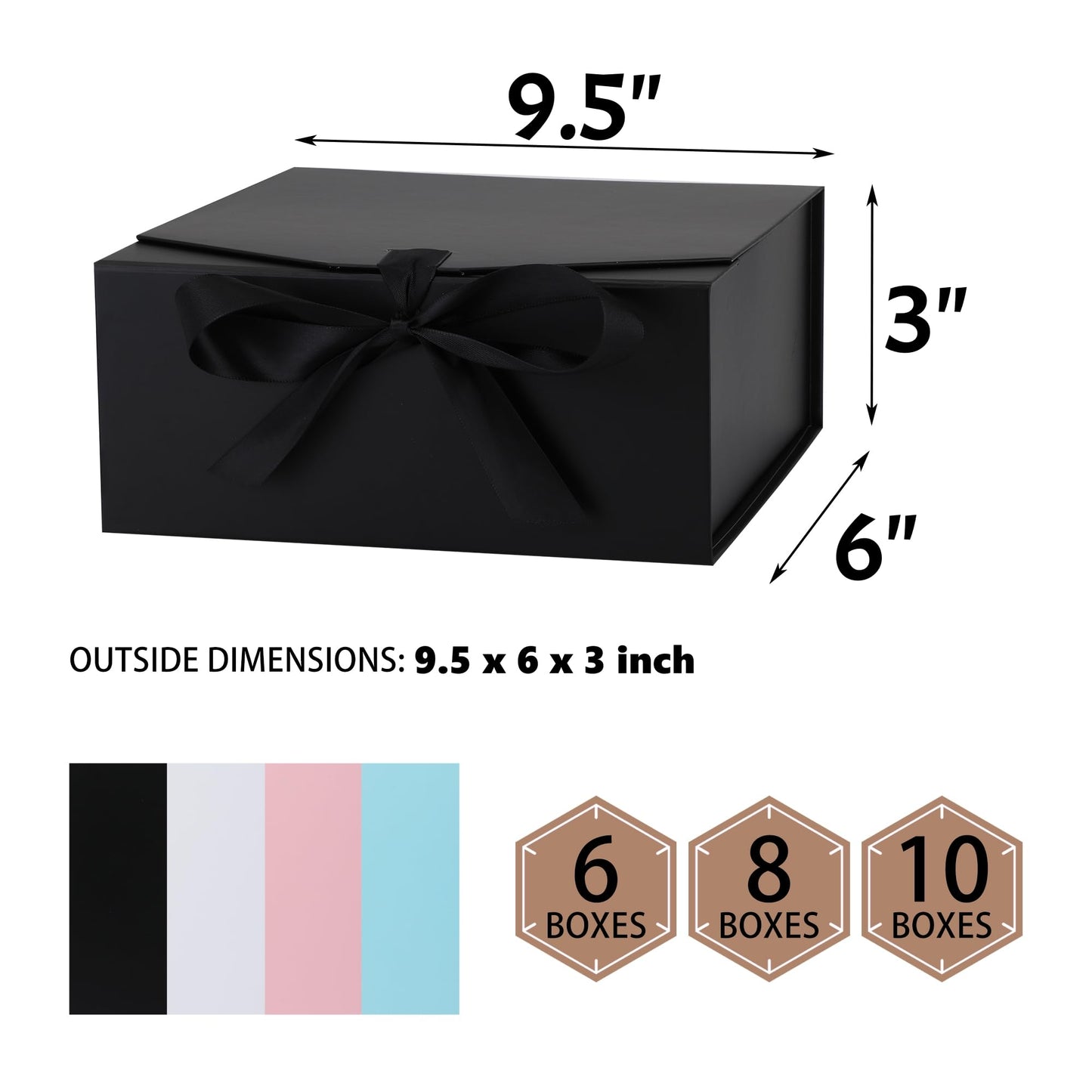 OEMVALATY 10-Pack Gift Boxes,9.5x6x3 Inch Magnetic Gift Boxes with Lids for Presents,Black with Ribbon, Bridesmaid Proposal Box for Wedding, Storage, Birthday