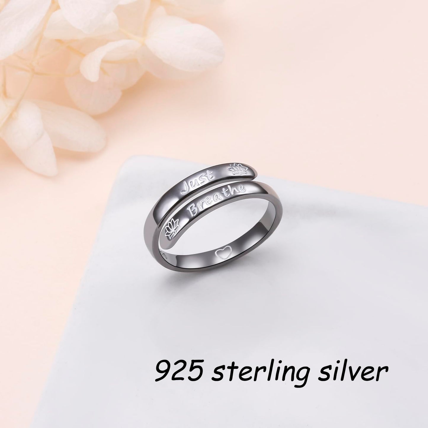 Just Breathe Rings 925 Sterling Silver Yoga Lotus Flower Stacking Wrap Spiral Twist Statement Band Encouragement Hope Ring for Women Men,Black Adjustable Inspirational Ring