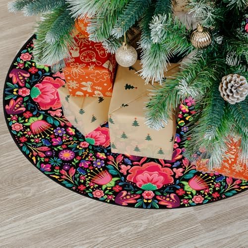 Mexican Flowers Christmas Tree Skirt 48 Inch Xmas Tree Mat Party Decor with Mexican Flowers Red Christmas Decorations Ornaments for Winter Holiday Decor
