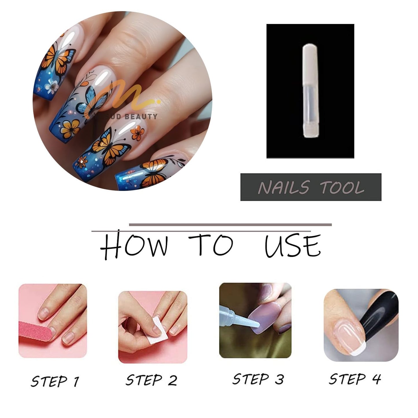 MISUD Press on Nails - Long Coffin Fake Nails with Blue Ombre, Acrylic Summer Flower Butterfly Design 24 pcs
