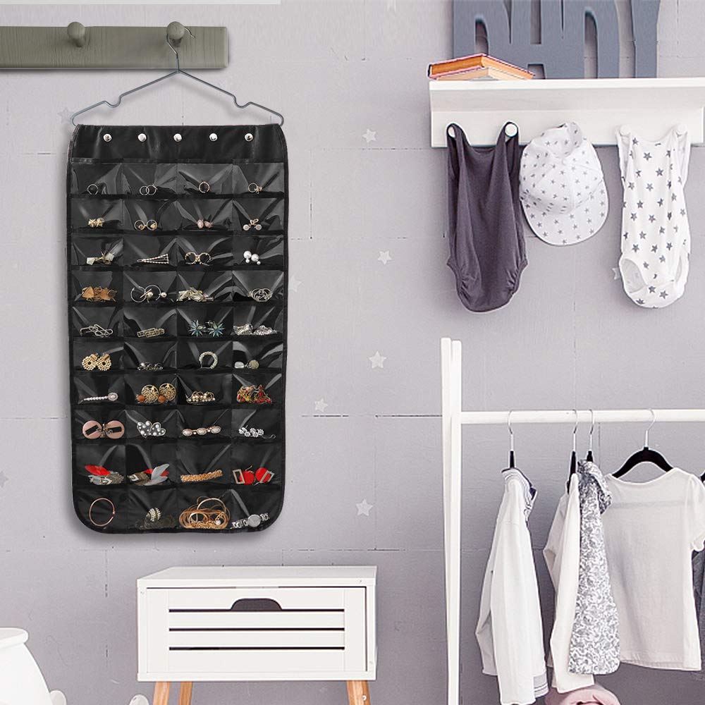 Forypretty Hanging Jewelry Organizer, Double-Sided 80 Pockets (40 Front + 40 Back), Closet & Hook Jewelry Storage, for Earrings, Necklaces, Bracelets, Rings & Pendants, Black