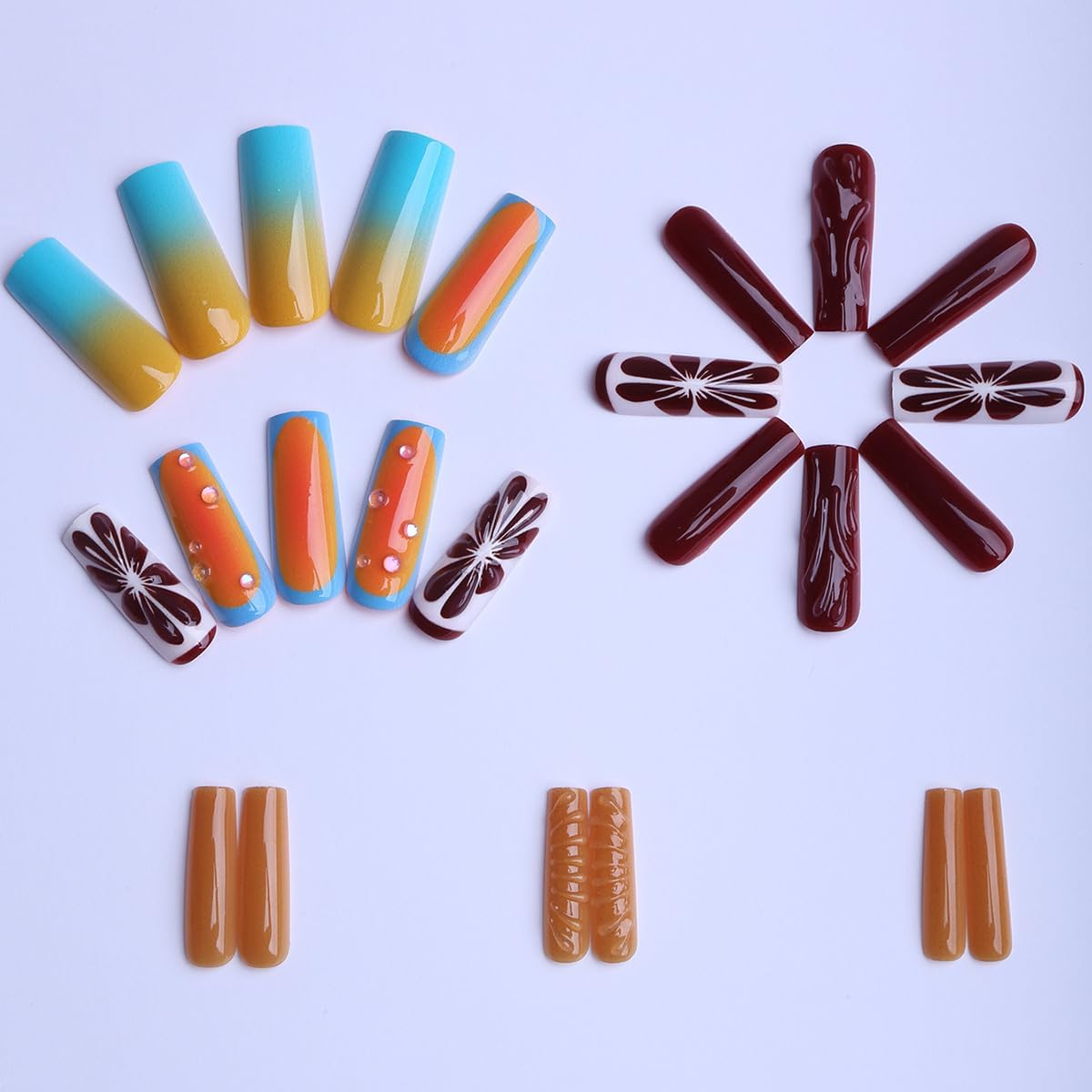 plalely Square Press on Nails Long Gradient Fake Nail Blood Orange with Water Drop Design Acrylic Nail Press ons Embossed Lemon Stick on Nail for Women 24pcs