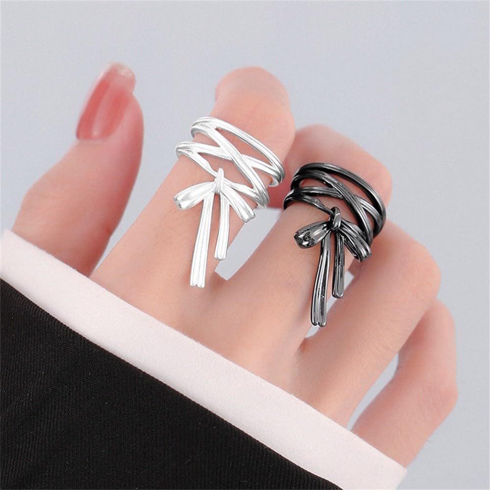 Dainty Bow Ribbon Open Ring for Women, Charm Adjustable Stackable Band Statement Jewelry Black