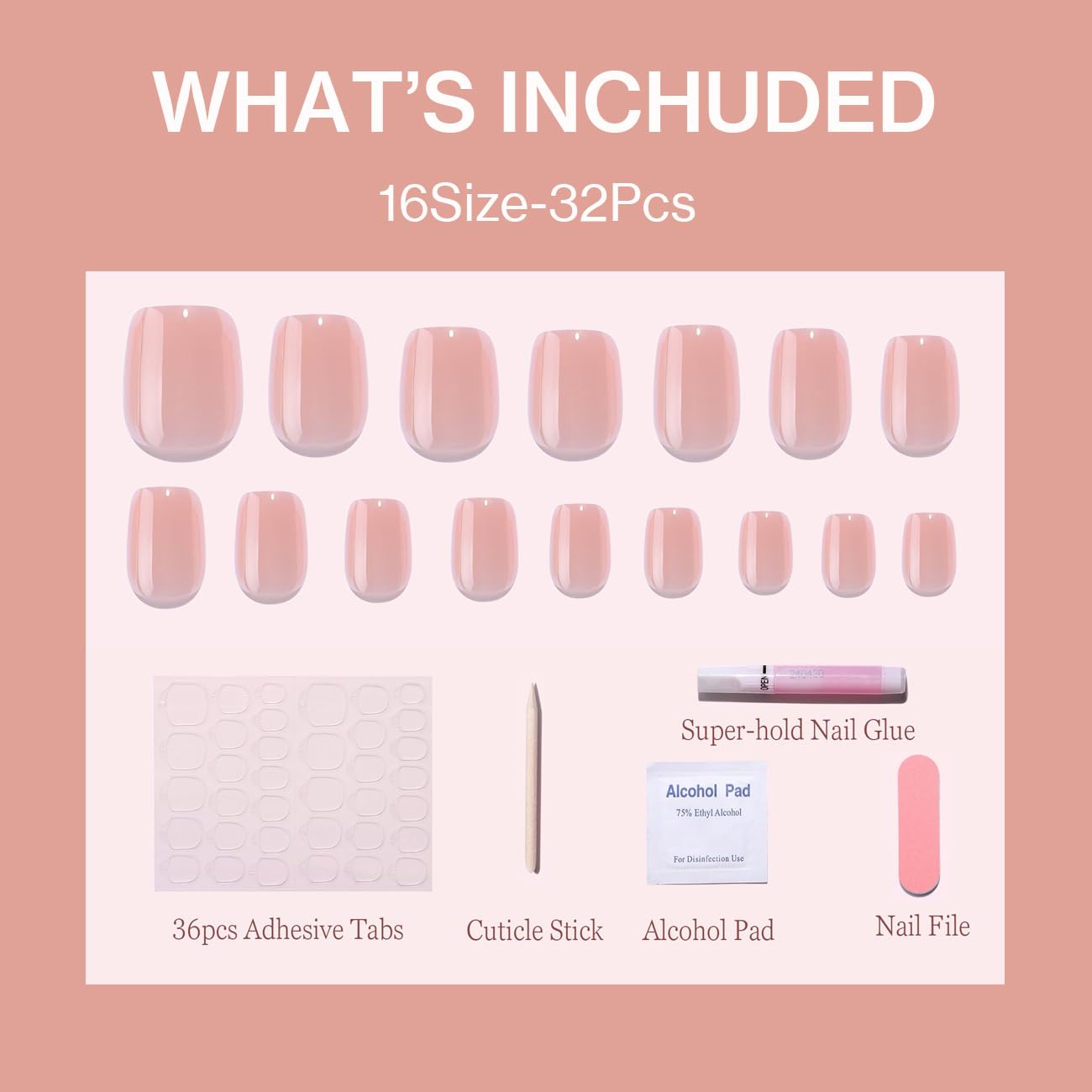 ESLALA Chrome Press On Nails,Glossy Short Squoval Fake Nails, Aurora Chrome Pinkish Press On Nails, Reusable Stick On Fake Nails with Glue | 16 Sizes - 32 Nail Kit(03-Squoval Champagne)