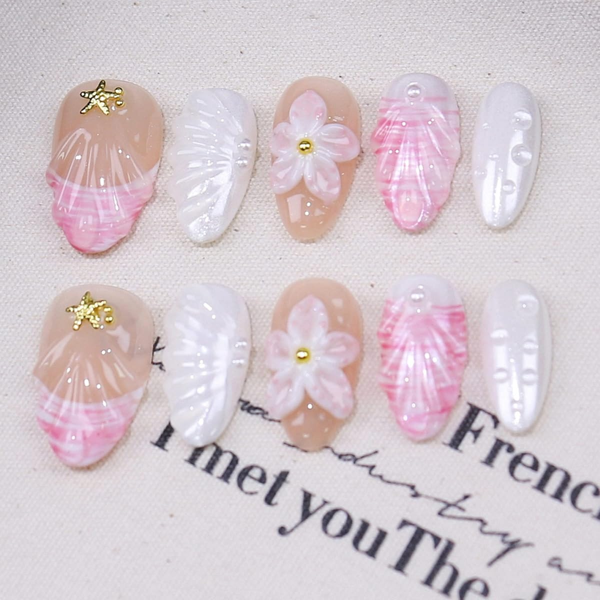 WBRRFJJ Handmade Medium Almond French Tip Fake Nails, 3D Flower Design, 10 Pcs, Glue on Nails, Pink, Acrylic, Full Cover, Artificial