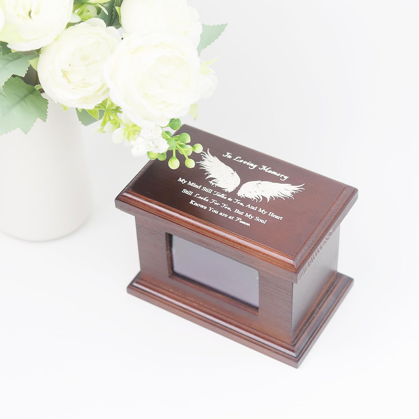 5.5 Inch Small Wooden Memorial Urn with Photo Frame, Keepsake Urn Box for Human/Pet Ashes - Wing
