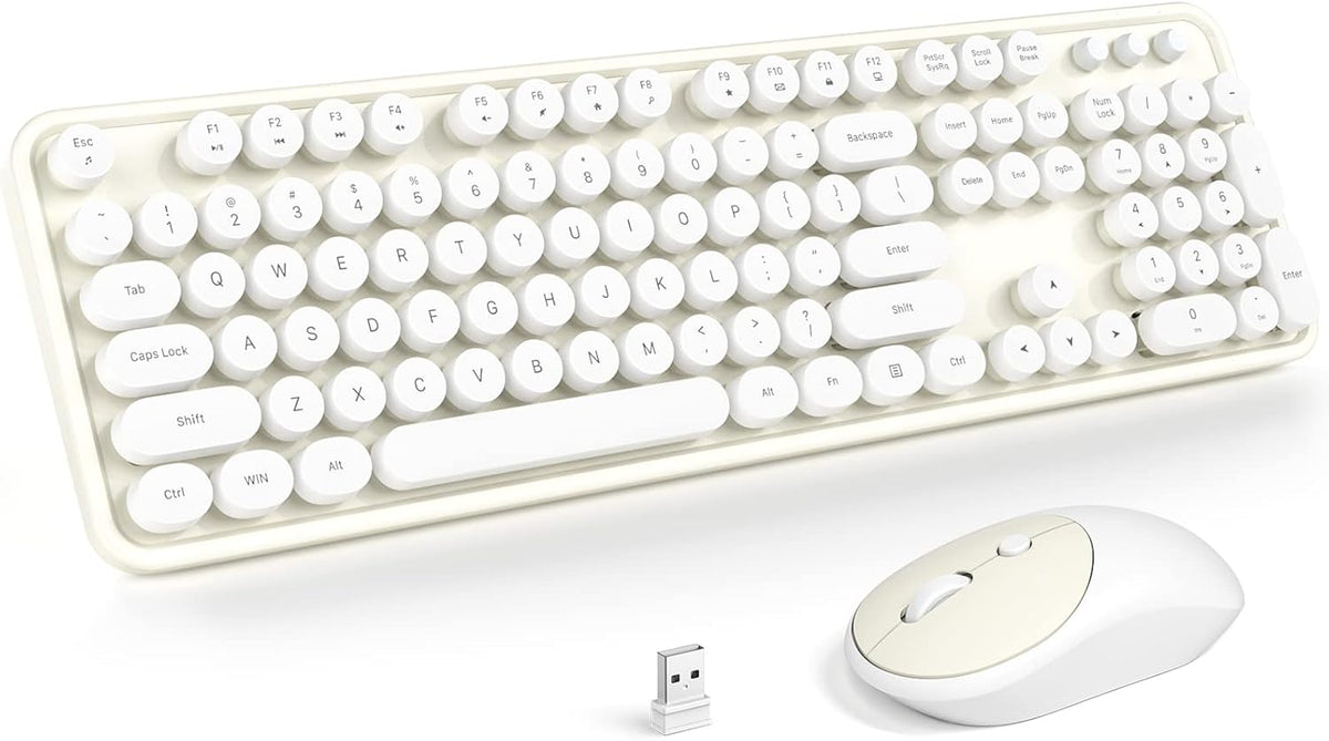 KNOWSQT Wireless Keyboard and Mouse Combo - White-Milky Full-Sized 2.4 GHz 104 Keys Typewriter Cute Keyboard, Round Keycap and Optical Mouse for Windows, Computer, PC, Laptop, Desktop