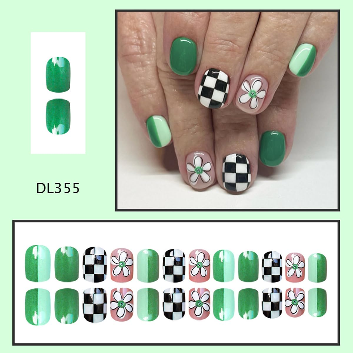 Green Press on Nails Short Square Fake Nails Spring Summer False Nails with Flower & Checkered Design Full Cover Stick on Nails for Women Manicure,Artificial | Reusable | Easy Apply | 24Pcs