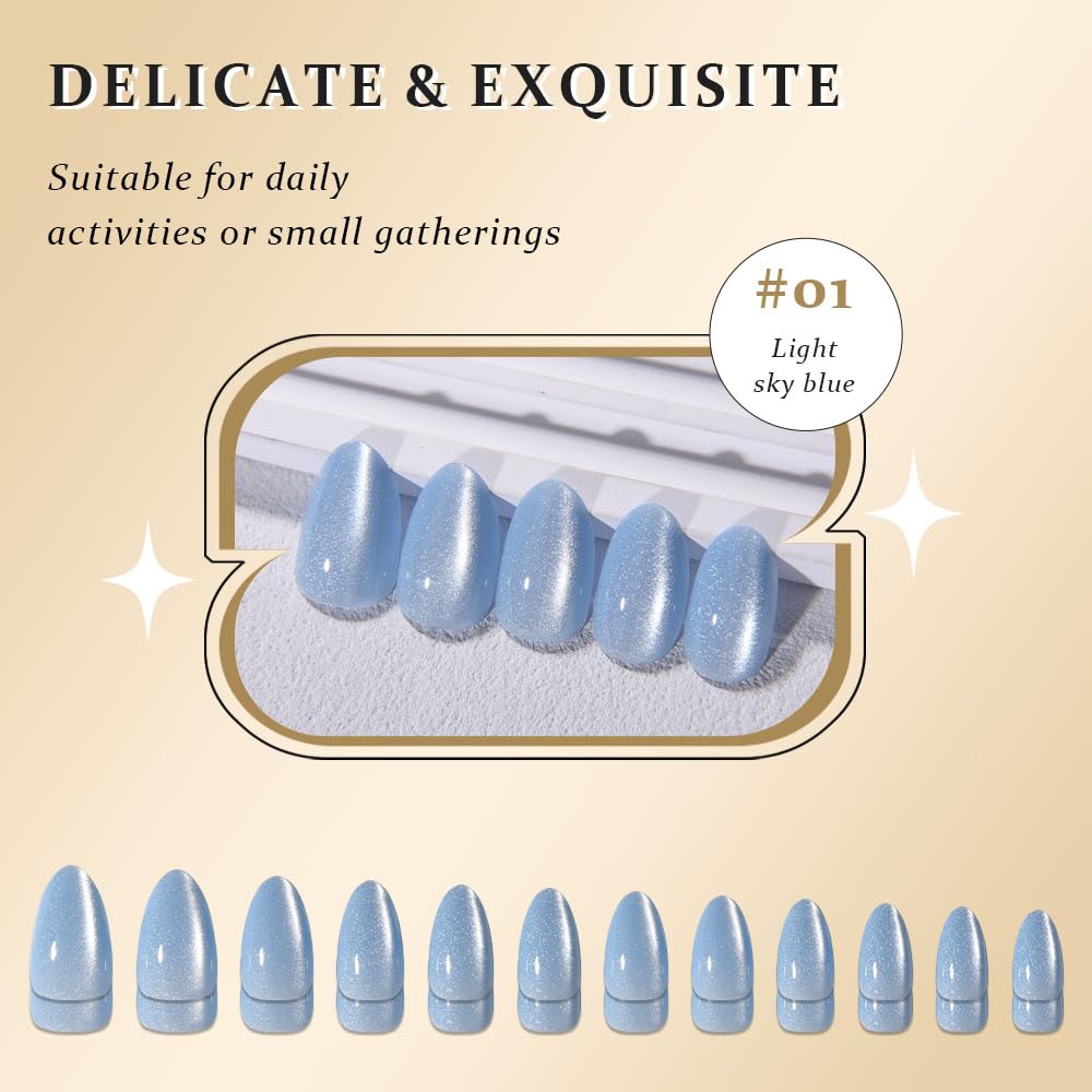 evpct Sky Blue Cat Eye Real Short Press on Nails Almond, Petite Short Almond Stick on Nails for Women Gift, Sky Blue Holographic Glossy Fake Nail Reusable, Soft Press on Acrylic Nail with Designs