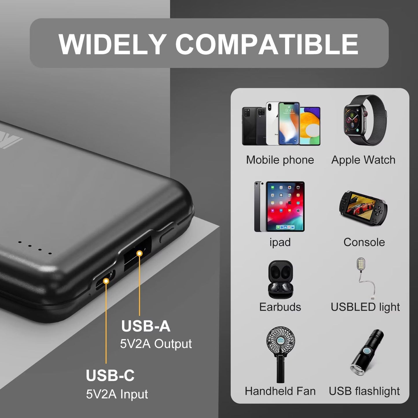 KOVNLO Battery Pack for Heated Vest, 5V 2A 10000mAh USB Power Bank with USB-C Charging Cable, Ultra Thin Portable Charger for Heated Jacket,iPhone, Android