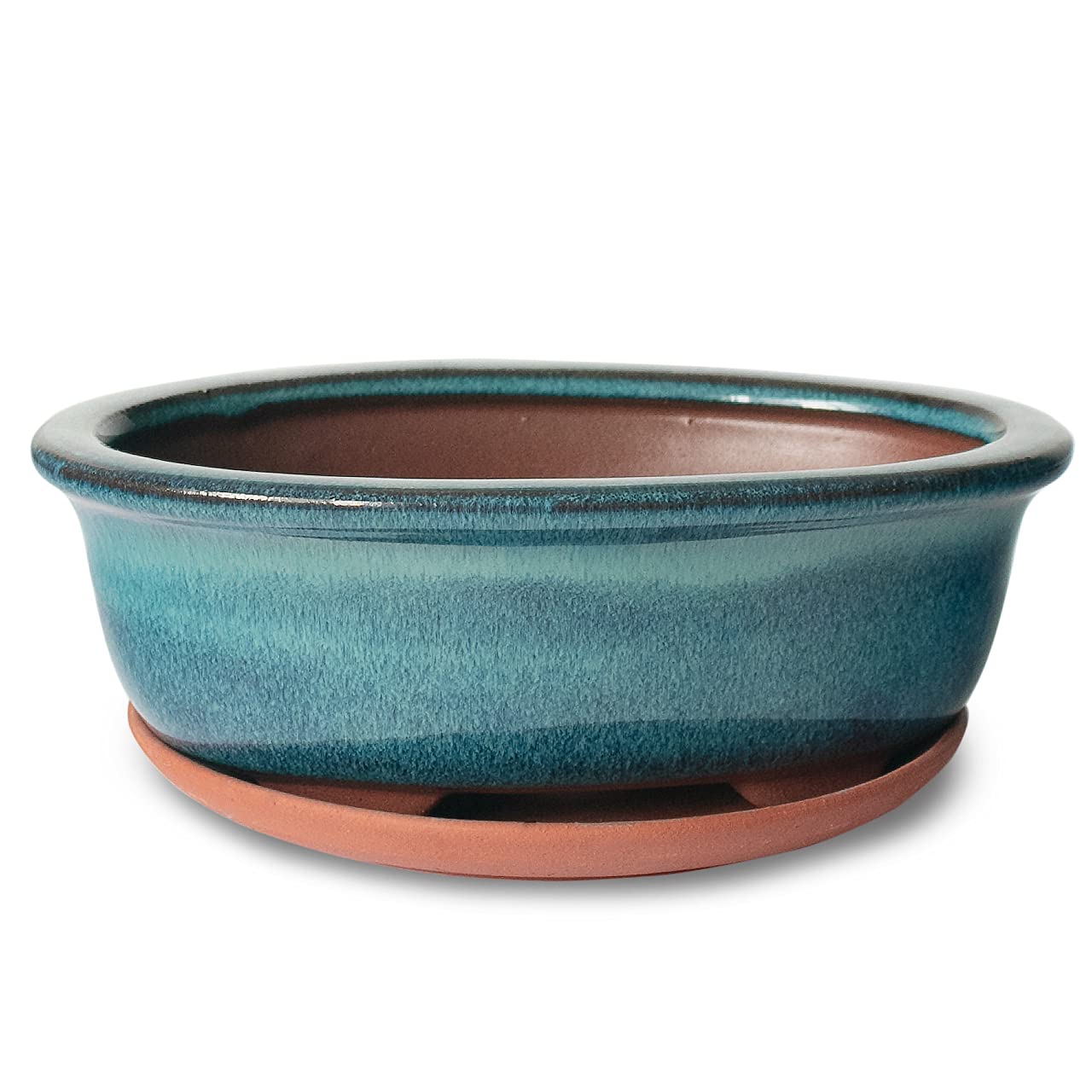 Dahlia Ceramic Succulent Pot/Bonsai Pot w Drainage Hole & Detachable Saucer, 2pc Oval