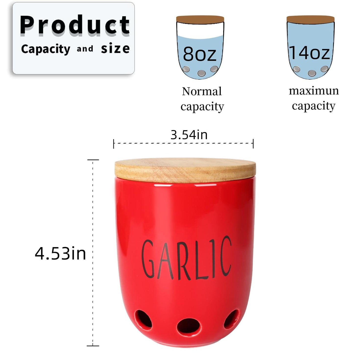 HAOTOP Ceramic Garlic Keeper for Counter, Garlic Saver Container with Wood Lid, Garlic Keeper for Kitchen, Garlic Holder to Keep Your Garlic Cloves Fresh Longer (Red)