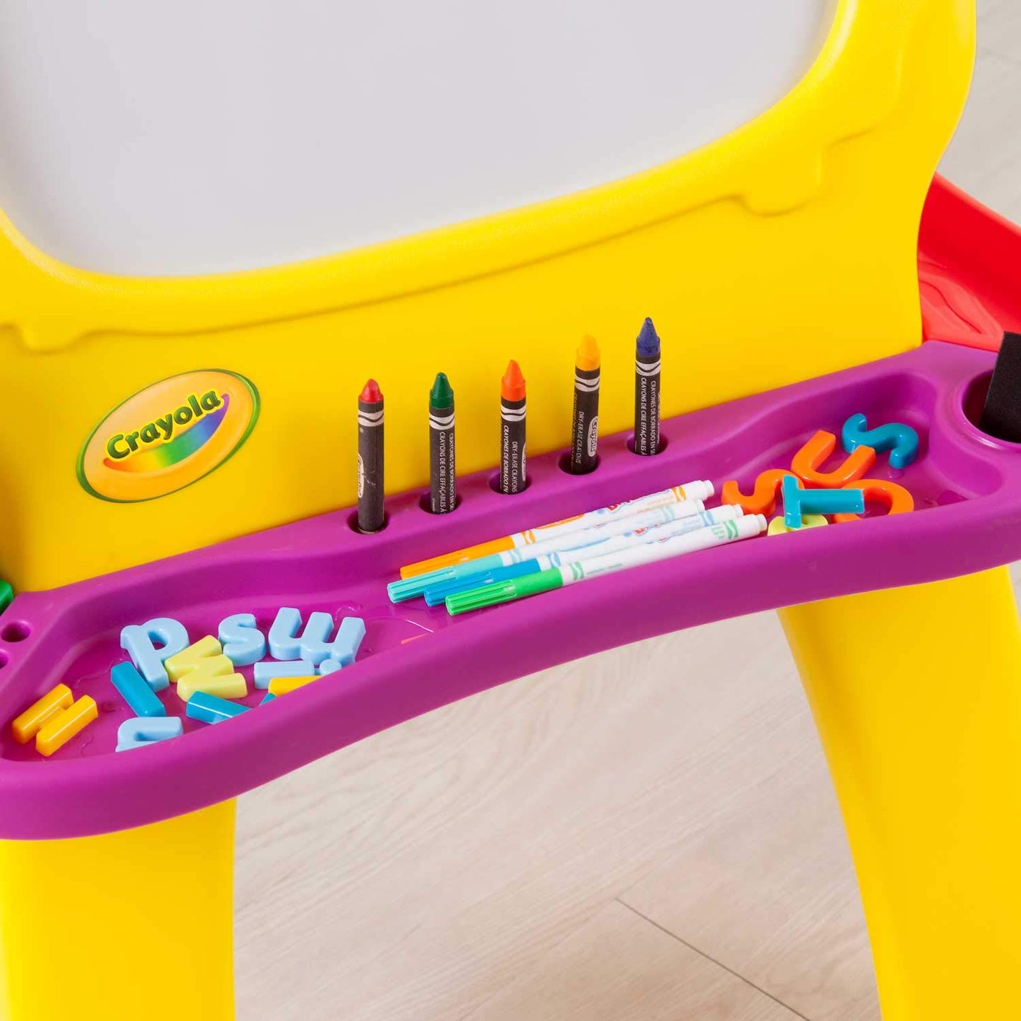 Crayola Deluxe Magnetic Double-Sided Easel – Extra Large Magnetic Dry Erase & Chalkboard – Adjustable Height Art Station with 4 Storage Bins & Paper Roll – Includes Magnets & Gears