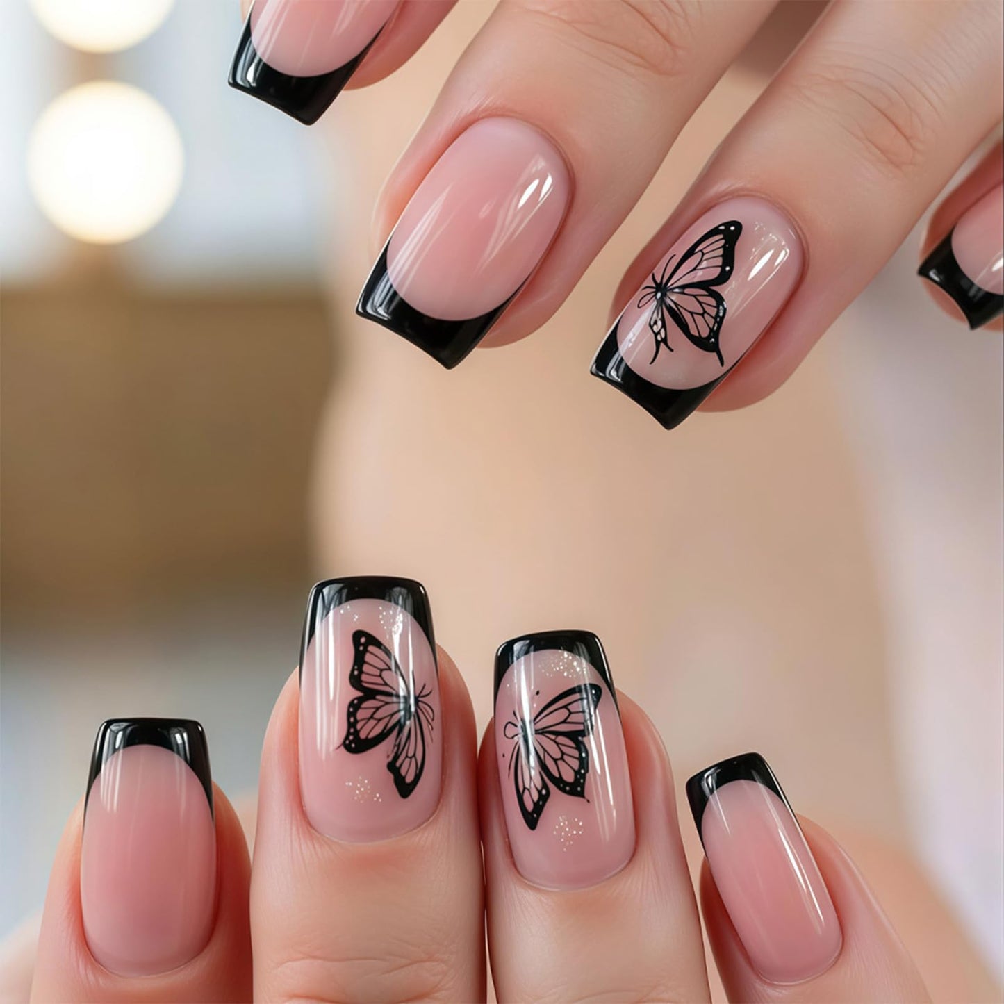 SINHOT Square Press on Nails - Short Fake Nails, Glossy Finish, Black Butterfly & French Tip, DIY Artificial False Nail Art - 24 Pcs Nail Kit with Glue
