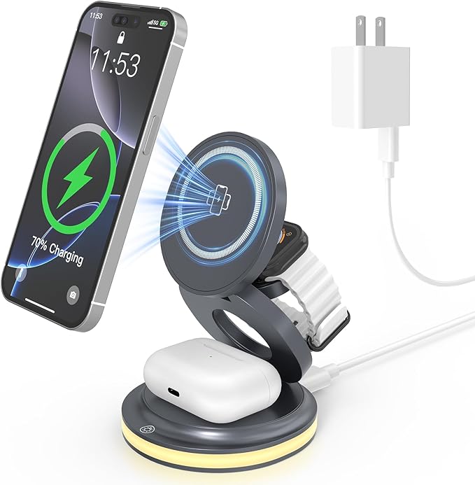 ZealSound 3-in-1 Foldable Magnetic Wireless Charger Stand – 15W Fast Charge with Night Light & Includes 30W Adapter, Portable Charging Pad for iPhone, Apple Watch & AirPods 2/3, Home, Office, Travel