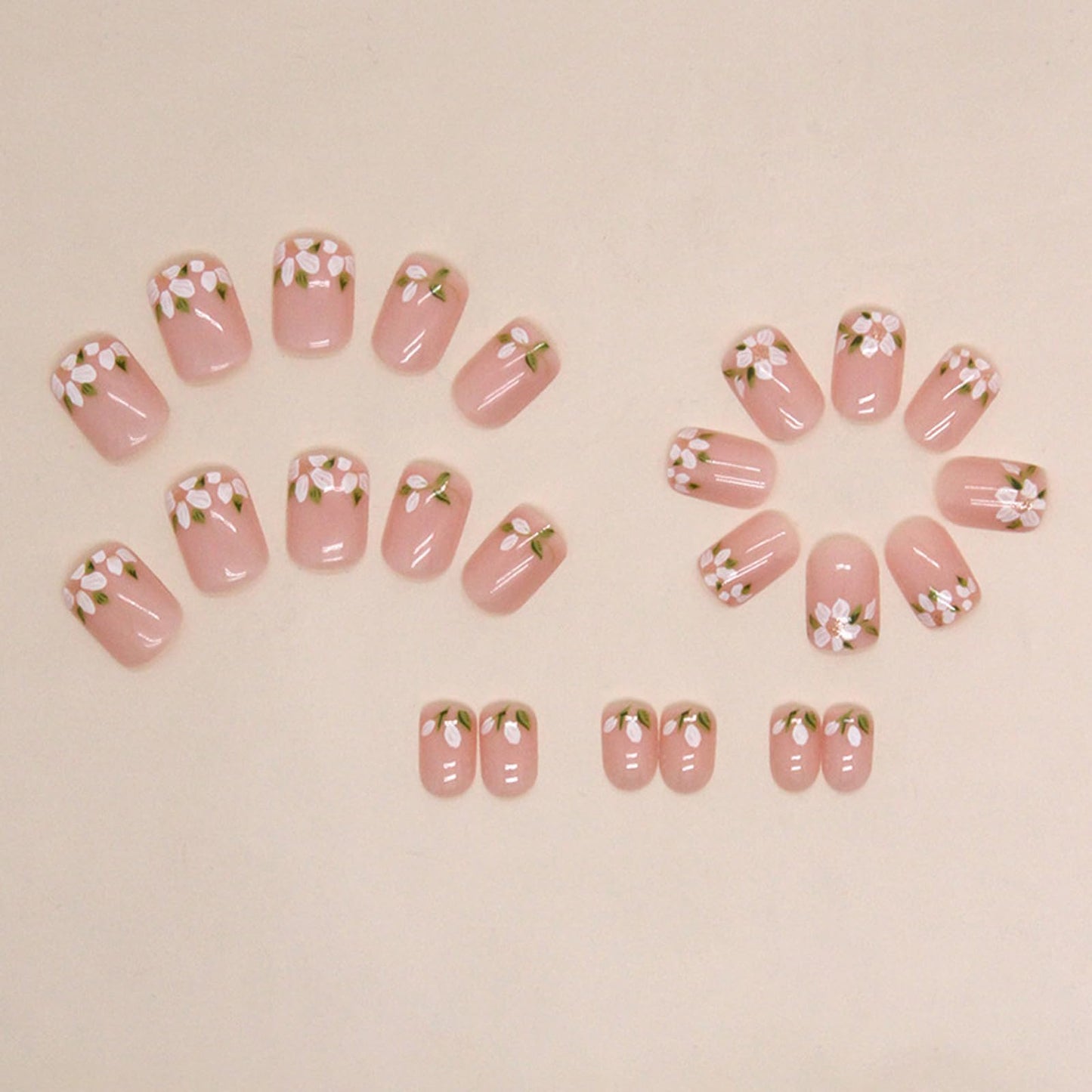 IMSOHOT Press on Nails Short Square Fake Nails Nude French with Flower Designs Full Cover Glue on Nails Cute White Floral Glossy Gel Acrylic Nails Press Ons Squoval Glue on Nails Kit 24Pcs
