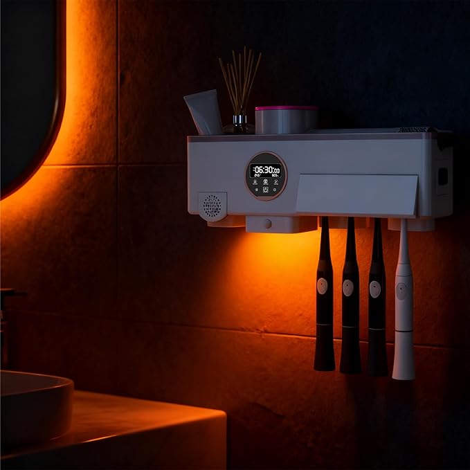 Toothbrush Cleaner and Holder for Bathrooms Wall Mounted with Fan Drying&30min Timing Function Cruise Air Drying,Electric Toothbrush Holder with 4Toothbrush Slots,Toothpaste Dispenser with Led Smart