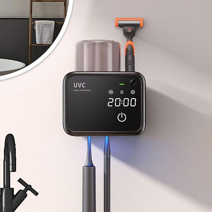 Bathroom Toothbrush Holders-2 Slots 1 Cup,Electric Toothbrush Holder with Constant Temperature Drying, Timed Cleaning, Air Drying, Rechargeable Wall-Mounted Toothbrush Holder with 4000mAh (Black)