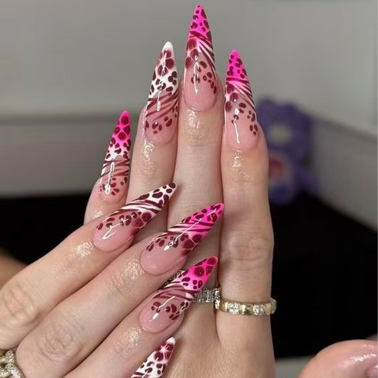 Stiletto Press On Nails Long Fake Nails Leopard Print With Gradient Design French Tip False Nails Full Cover Artificial Glossy Acrylic Nail Reusable Stick On Nail For Women Manicure Art 24pcs