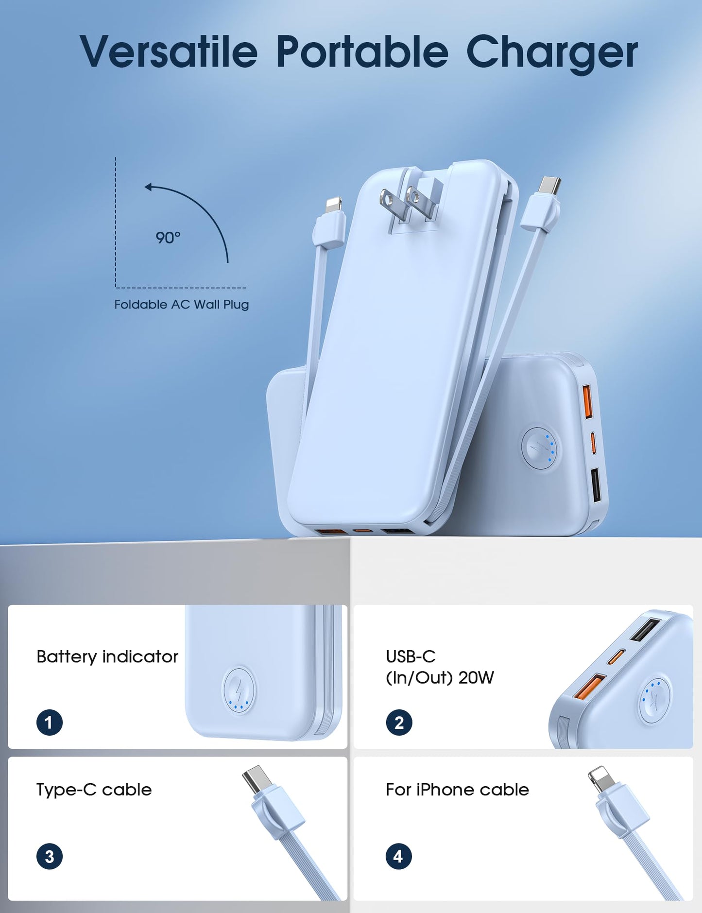 Nusyddy Portable Charger, 10000mAh PD20W Fast Charging Power Bank with Built-in Cables & Wall Plug, Travel Essentials External Battery Pack, USB C Battery Phone Charger for iPhone, Samsung Light Blue