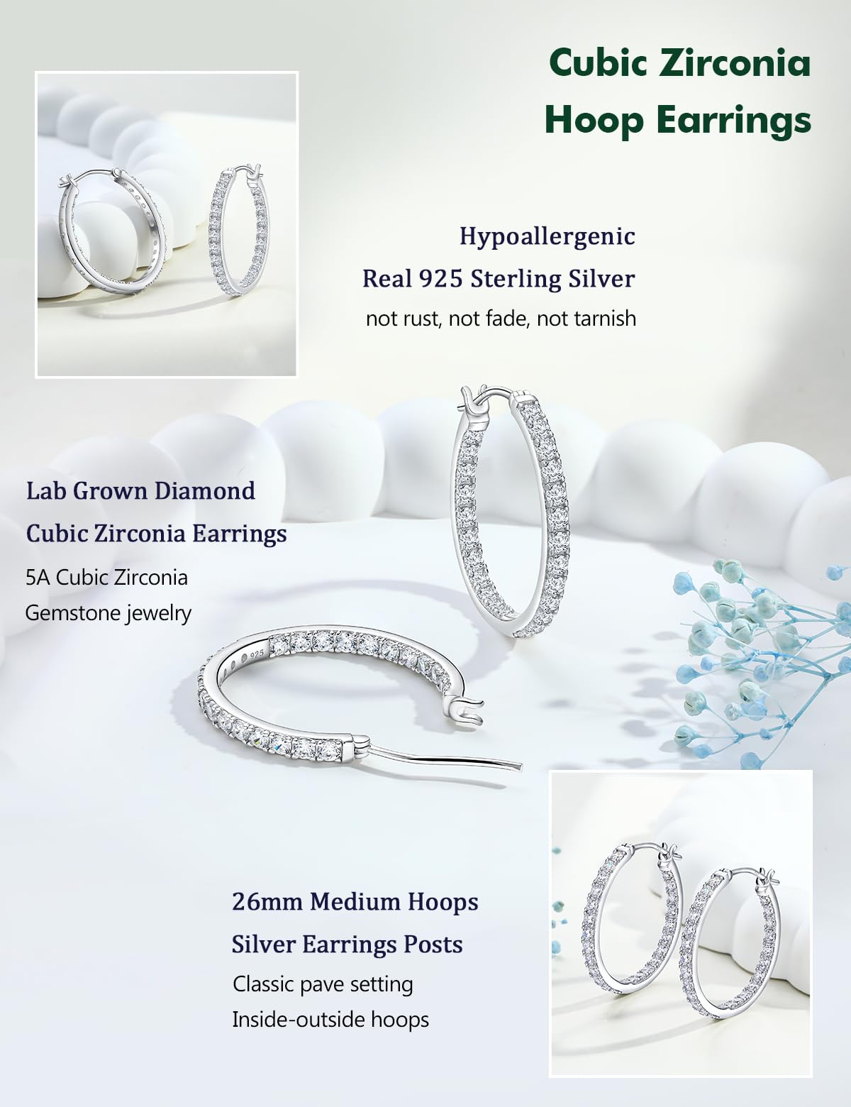 RANDES Sterling Silver Hoop Earrings for Women Cubic Zirconia Hoops 26mm Medium Hoop Earrings CZ Wedding Earring Trendy Jewelry