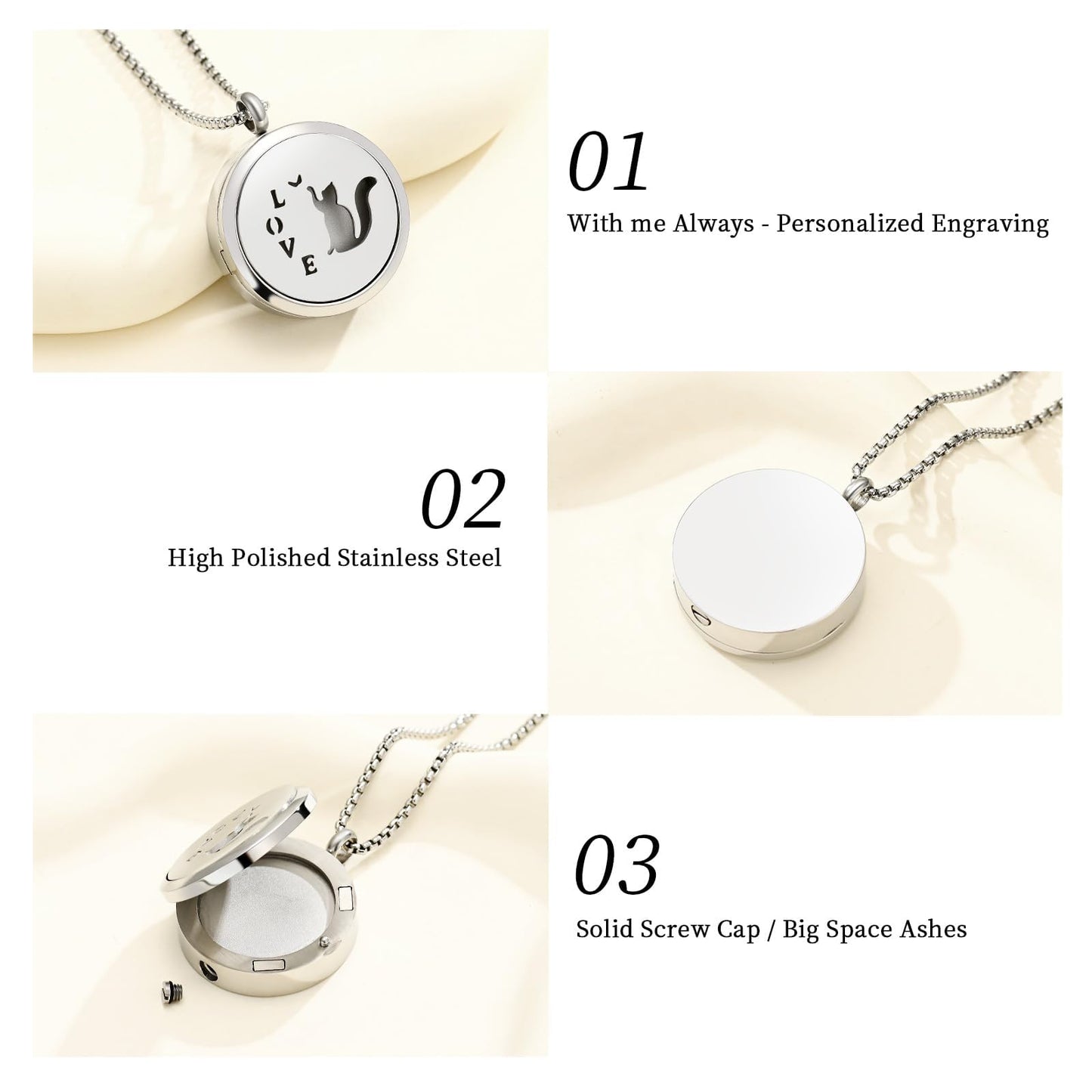 Minicremation Stainless Steel Paw Print Round Perfume Essential Oil Diffuser Pendant Necklace Women Aromatherapy Essential Oil Diffuser Locket Pendant Necklace, with Refill Pads (Silver-Cat)