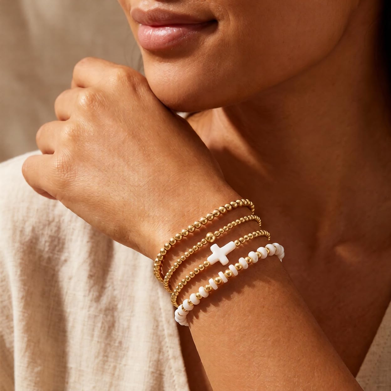 Bohxantium Gold Beaded Bracelets for Women - Stackable Cross Bracelet Stretch Gold Beads Stack Handmade Boho Dainty Non Tarnish Religious Jewelry Trendy Summer Friendship Christian Gift for Women