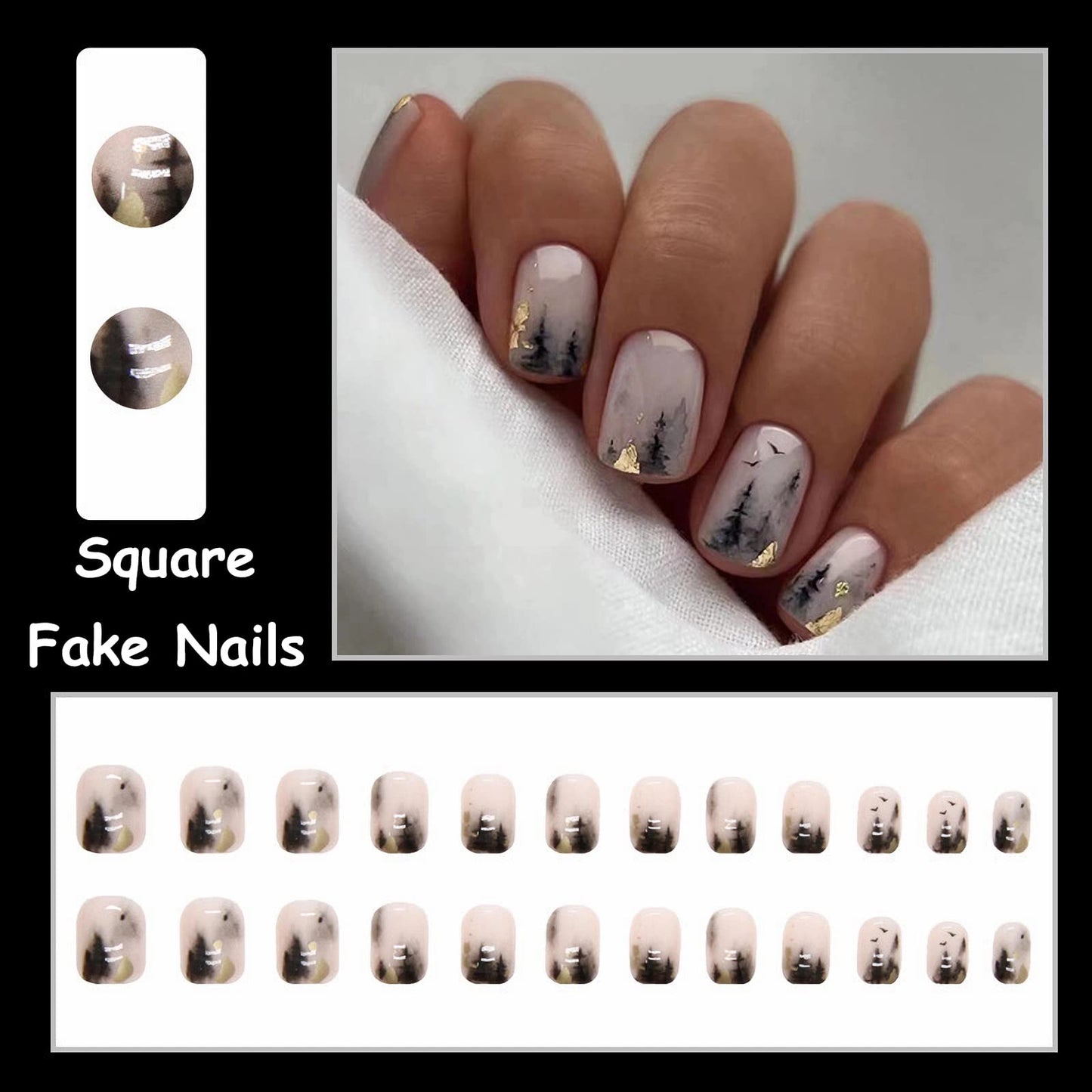 MISUD Press on Nails - Short Square Glue on Nails with Black Ink, Acrylic Gold Foil Design 24 pcs