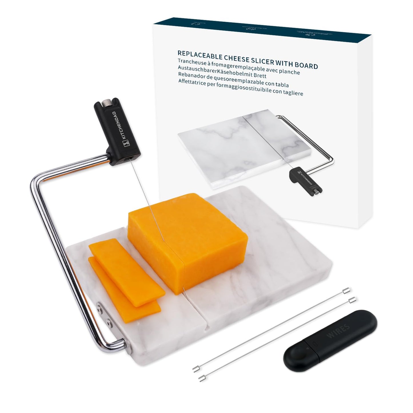 KITCHENDAO Replaceable Wire Cheese Slicer with Board, Tightness Adjustable Cheese Slicer, Marble Cheese Cutter for Block Cheese, Easy to Replace, with 2 Extra Upgrade Strong Wires