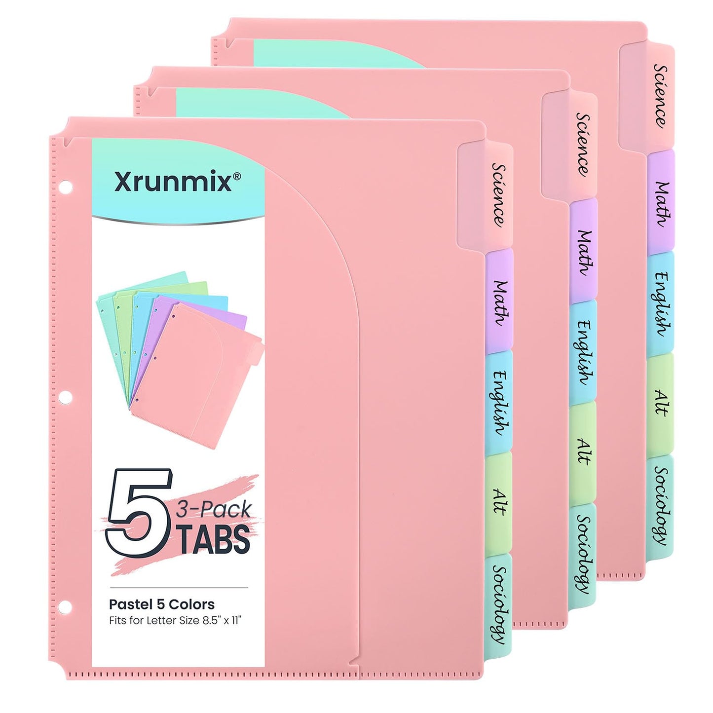 5-Tab Dividers for 3 Ring Binder, 15 Counts Binder Dividers Index with Pockets, 8.5 x 11'' Binder Dividers with 1/5 Cut Tabs for School Office (XY026) (3)