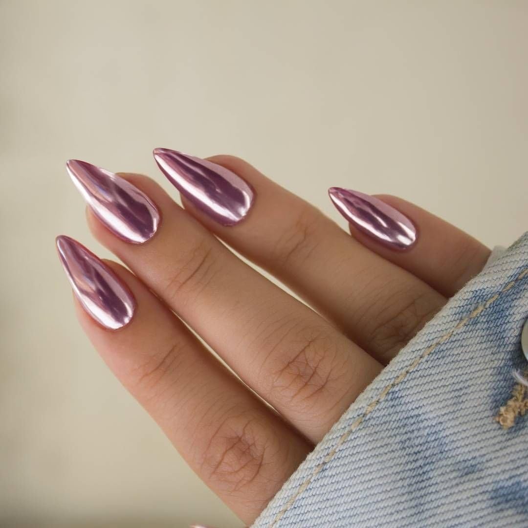 Baby Pink Chrome Press on Nails Medium Almond, KQueenest Mirror Metal Stiletto Fake Acrylic Nails with Bling Design, Reusable Glue on Nails for Daily Party Wear, False Nails Press ons in24 PCS