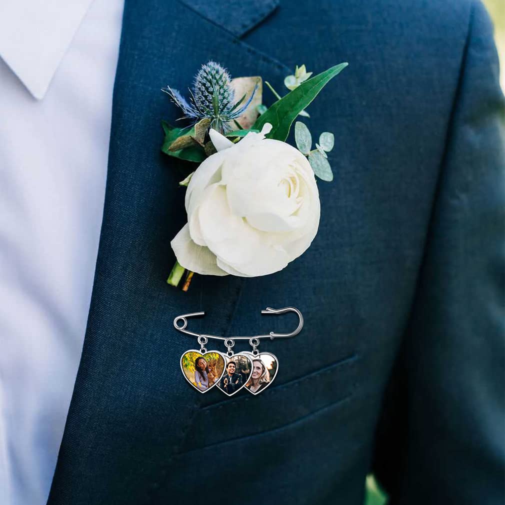 Custom4U Memory Charms for Wedding Bouquet Customized with 3 Pictures Custom Photo Brooch Pins Funeral Boutonniere Heart Shaped Charm Memorial Jewelry