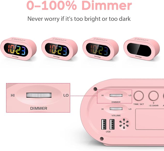 REACHER Pink Colorful LED Digital Alarm Clock with USB Charger