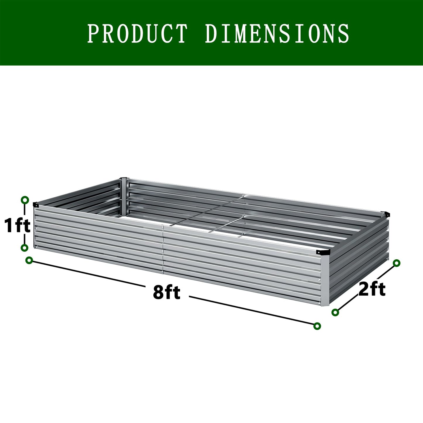 ZUNUDA 8×2×1FT(2PCS) Galvanized Raised Garden Bed Kit Metal Planter Boxes，Large Outdoor Planters Garden for Planting Vegetables,Flowers,Herbs -Silver