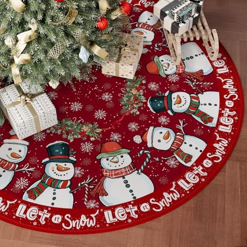 XCHI Red Let it Snow Snowman Rattan Winter Christmas Skirt Christmas Party Decorations for Home Xmas Holiday Winter Indoor Decro 48 Inch
