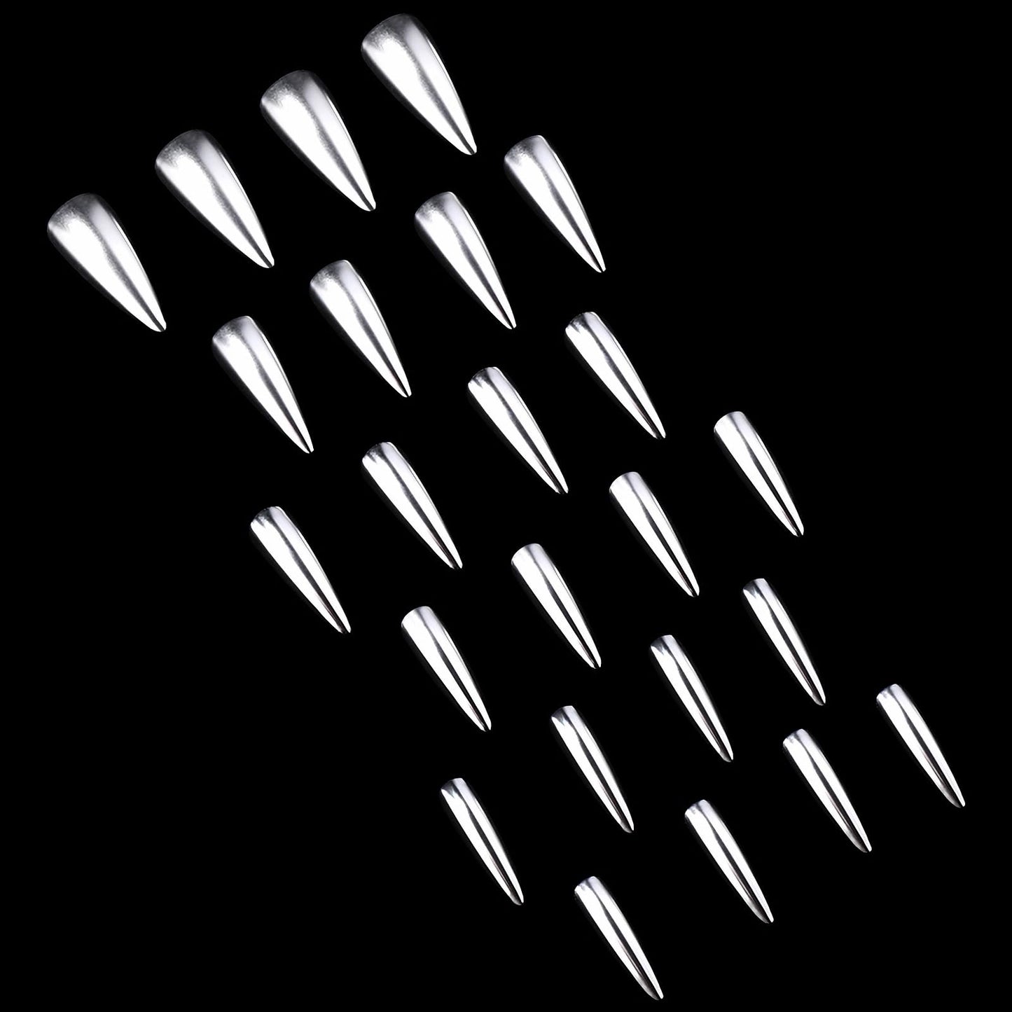 MISUD Press on Nails - Long Stiletto Glue on Nails with Silver Chrome, Acrylic Metallic Design 24 pcs