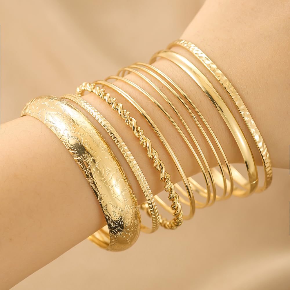 RINTOLER 10Pcs Chunky Gold Bangle Bracelets for Women - Multi Layer Stackable Textured Bracelets Indian Bangles Boho Jewelry Set (E-7PC-Gold)