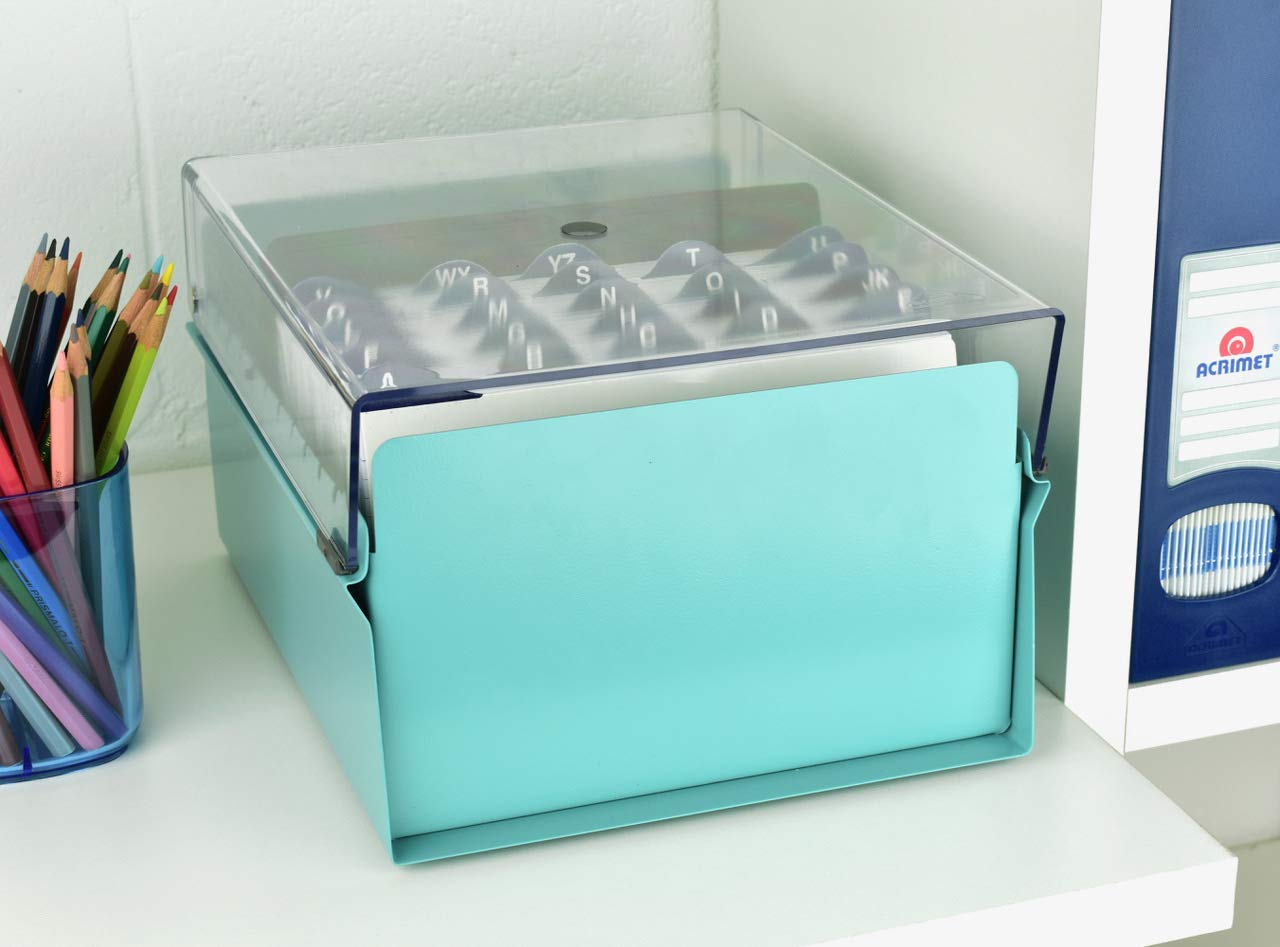Acrimet 5 X 8 Card File Holder Organizer Box Metal Base Heavy Duty (AZ Index Cards and Divider Included) (Green Color with Clear Crystal Plastic Lid Cover)