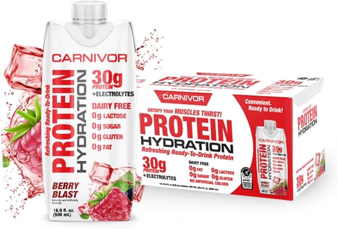 MuscleMeds Carnivor Protein Hydration RTD, Refreshing Ready to Drink, 30 g Isolate Protein, Lactose Free, Sugar Free, Electrolytes, Muscle Building, Recovery, Halal Certified, Berry Blast, 16.9 Fl Oz