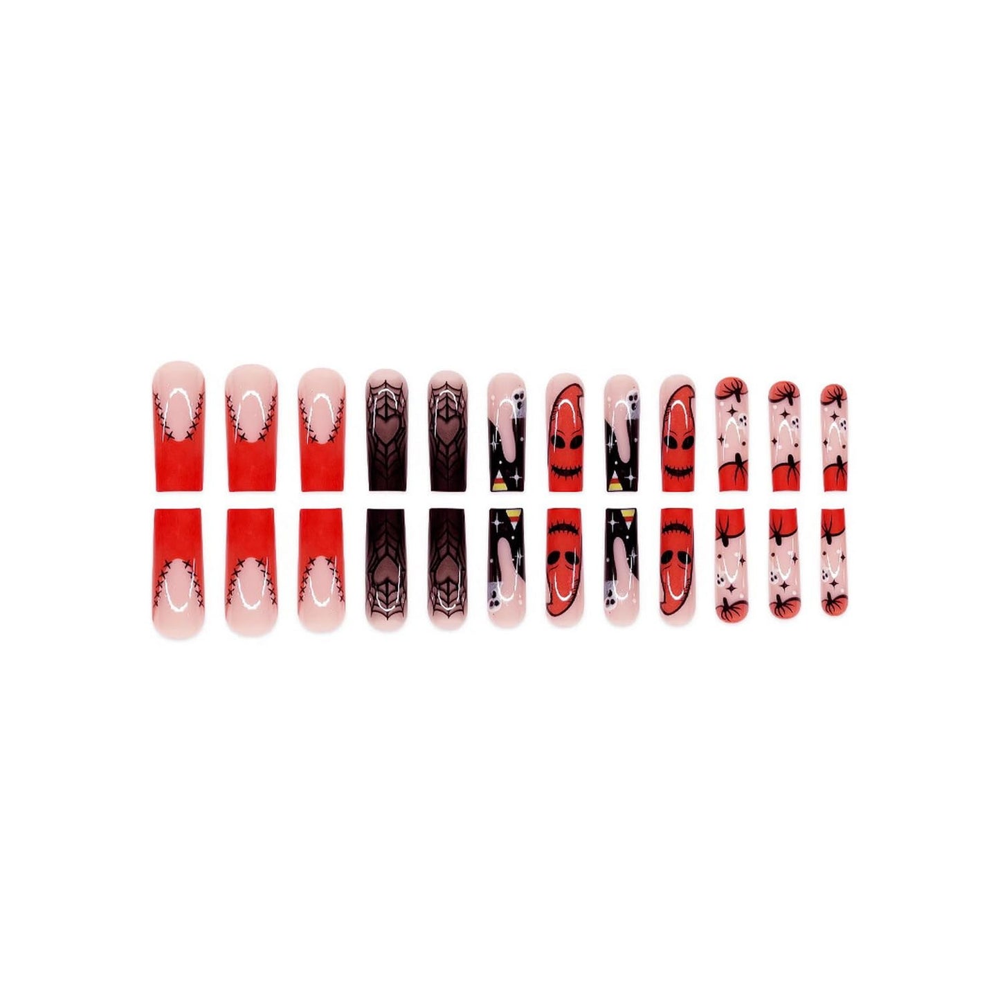 24pcs Halloween Press on Nails Long Square Fake Nails Monster Patch Pumpkin Ghost Spider Web designs Acrylic False Nails Glossy Full Cover Orange Black Glue on Nail for Women Party Manicure