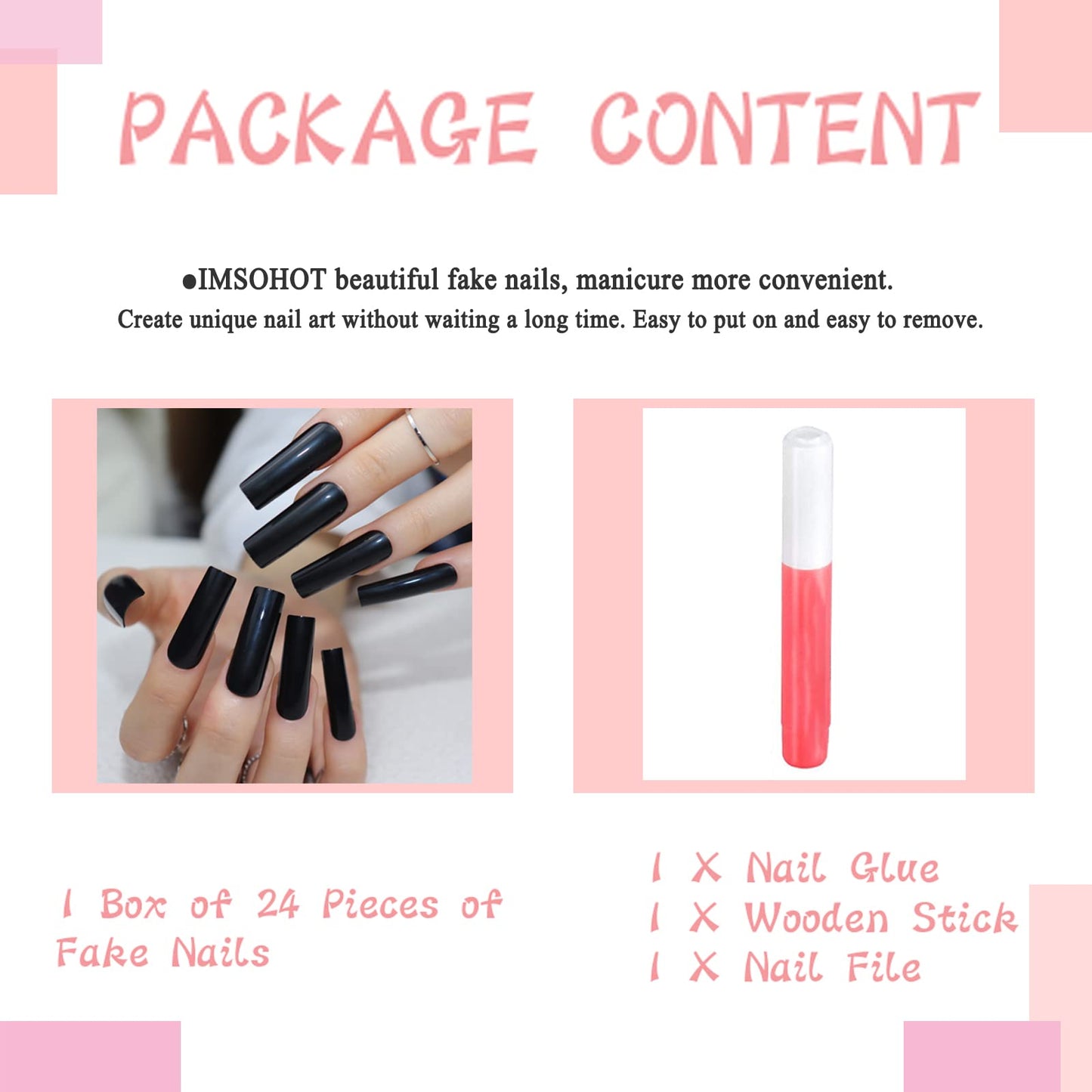 IMSOHOT Long Square Press on Nails Glossy Squoval Black Fake Nails Solid Color False Nails Full Cover Glue on Nails for Women and Girls