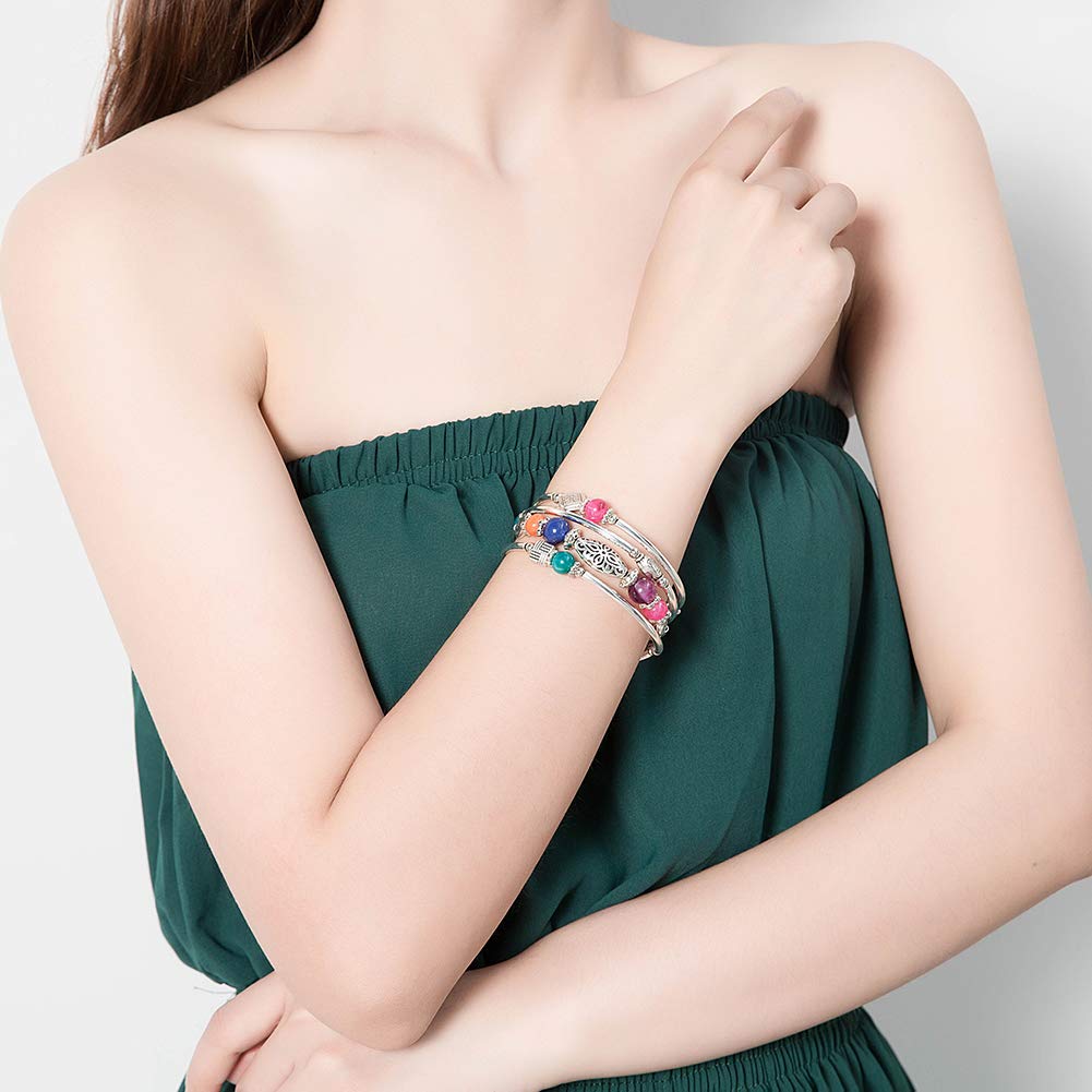 BULINLIN Layered Wrap Bangle Turquoise Bracelet - Bead Bracelet with Natural Agate Stone, Gifts For Women (07-Colorful)