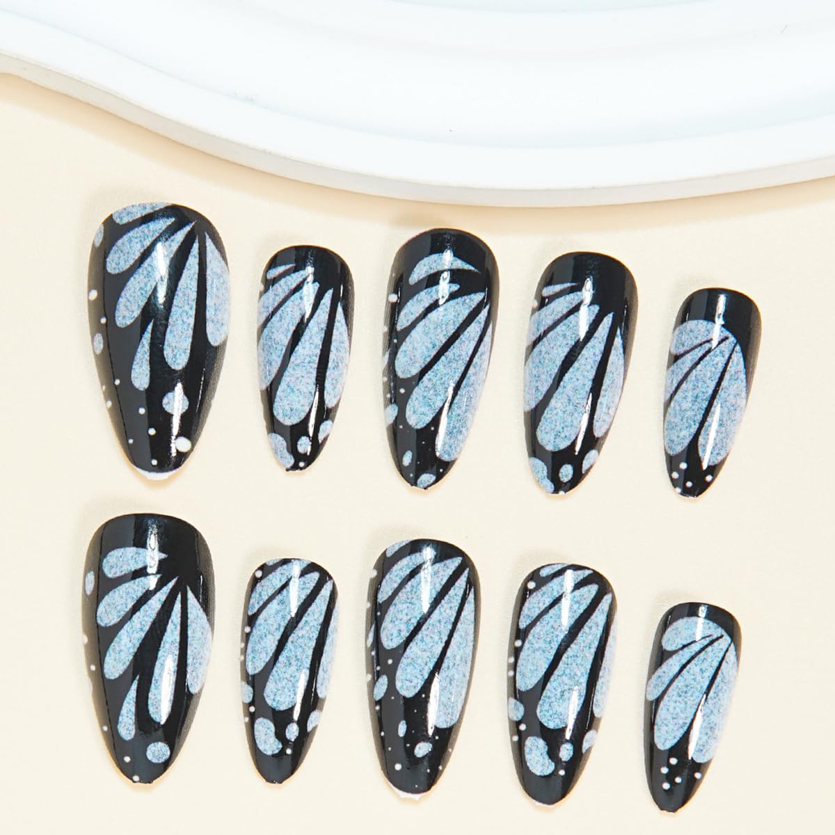 Medium Almond Black Press on Nails - Blue Butterfly Design, Full Cover Glossy Fake Nails 24PCS for Women