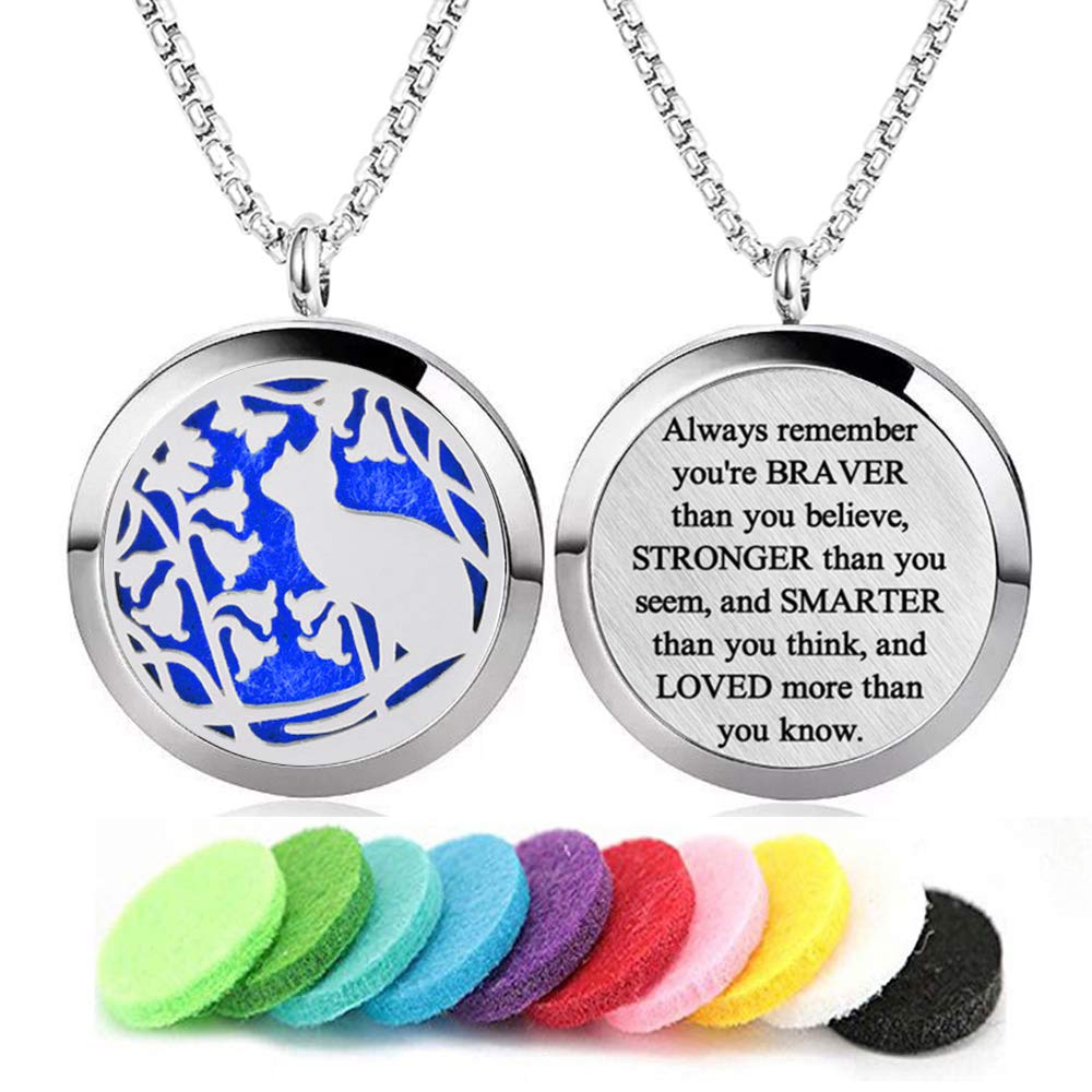Aromatherapy Essential Oil Diffuser Necklace 316L Stainless Steel Locket Pendant with 24 Inch Chain (Cat)