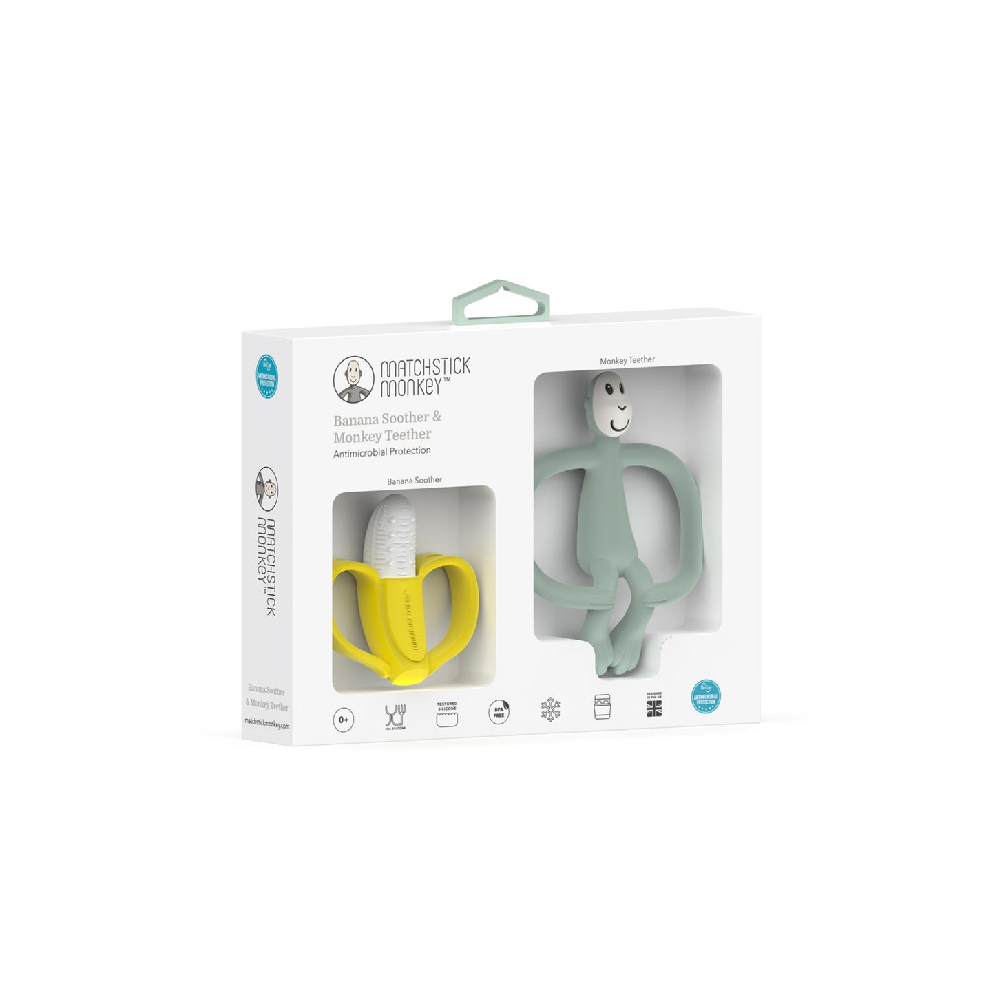 Matchstick Monkey Teething Gift Set for Babies – Includes Banana Soother & Monkey Teether, Easy-to-Grip BPA-Free Silicone for Teething Relief & Oral Development, 3 Months+, Mint Green