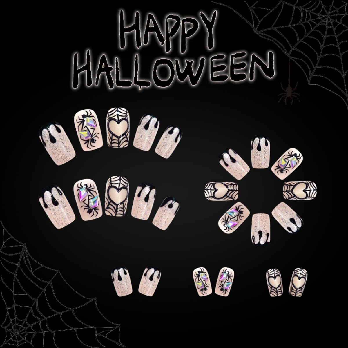 24Pcs Halloween Press on Nails Medium Square Fake Nails Spider and Spider Web Heart Design Stick on Nails Bling Diamond False Nails Full Cover Handmade Acrylic Glue on Nail for Women Manicure